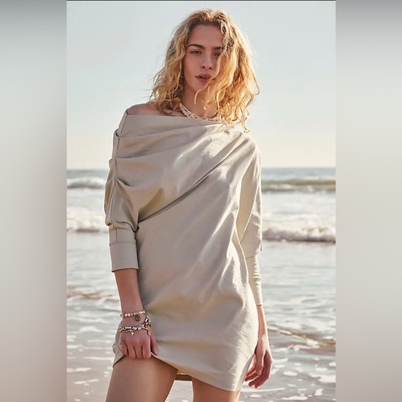 NEW Free People Beach Saltwater Khaki Modern Mini Off-Shoulder Dress Small - Picture 1 of 10